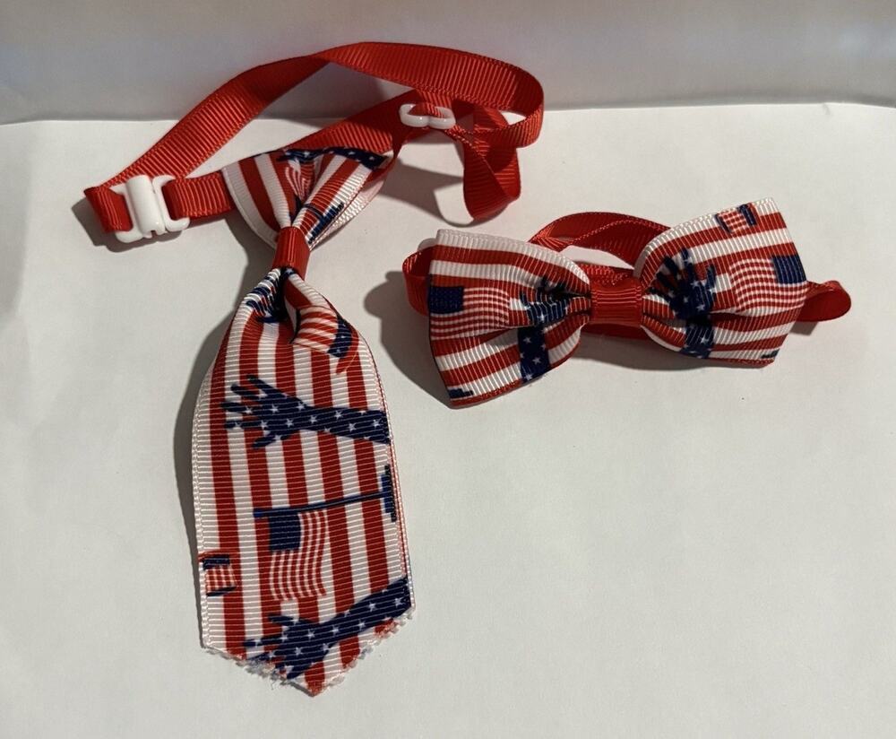 Bow Tie Necktie Set 250th July 4th USA Flag Patriotic Dog Cat 7"+